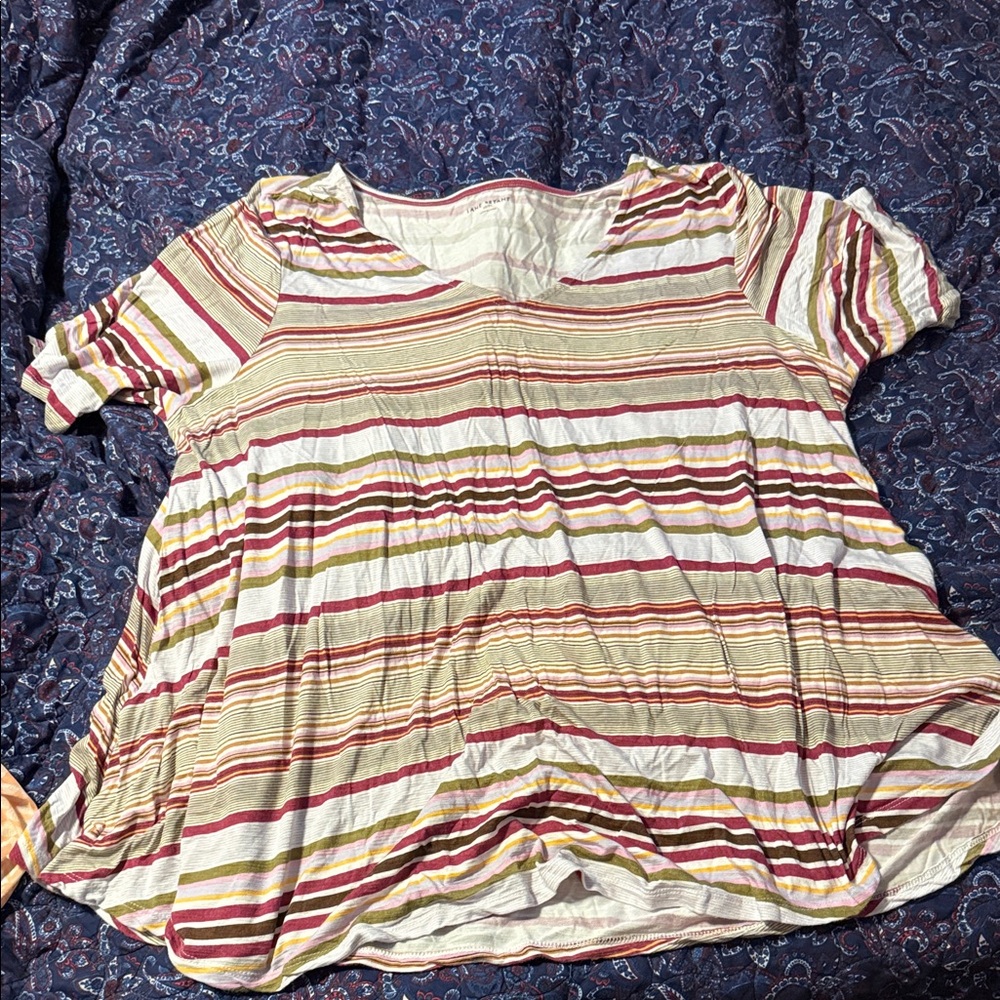 Lane Bryant Short Sleeve V-Neck Tee in Cream, Red & Mustard Stripes